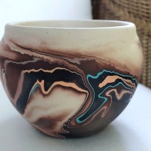 NEMADJI Handcrafted Pottery Swirled Brown Peach & Blue Made in USA